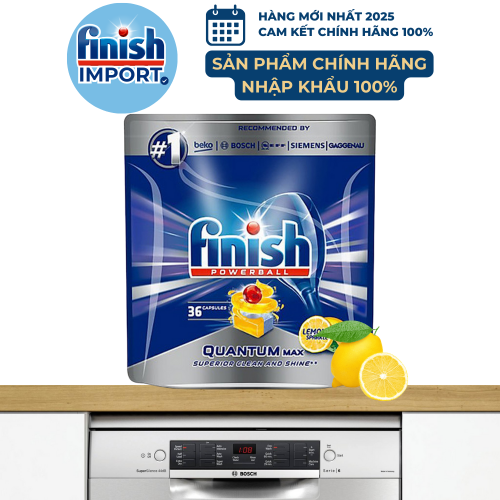 Túi 36 viên rửa chén Finish Quantum Max (14x tính năng trong 1 viên công thức mới – Hương Chanh) – (Dành cho máy rửa chén 10-12-13 bộ).